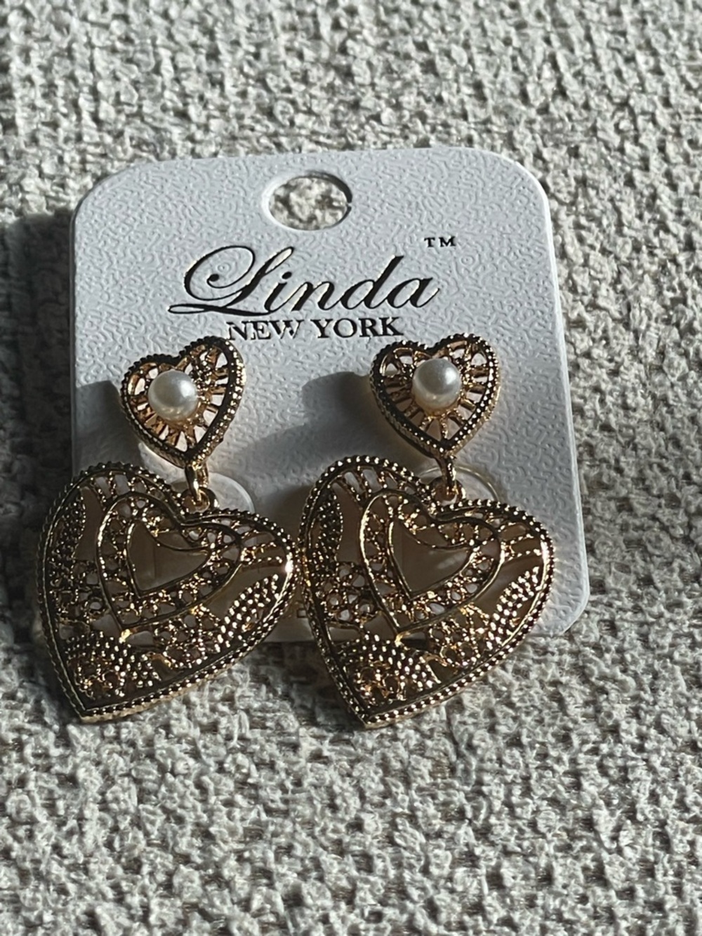 Gold Heart Drop Earrings with Pearl Accent